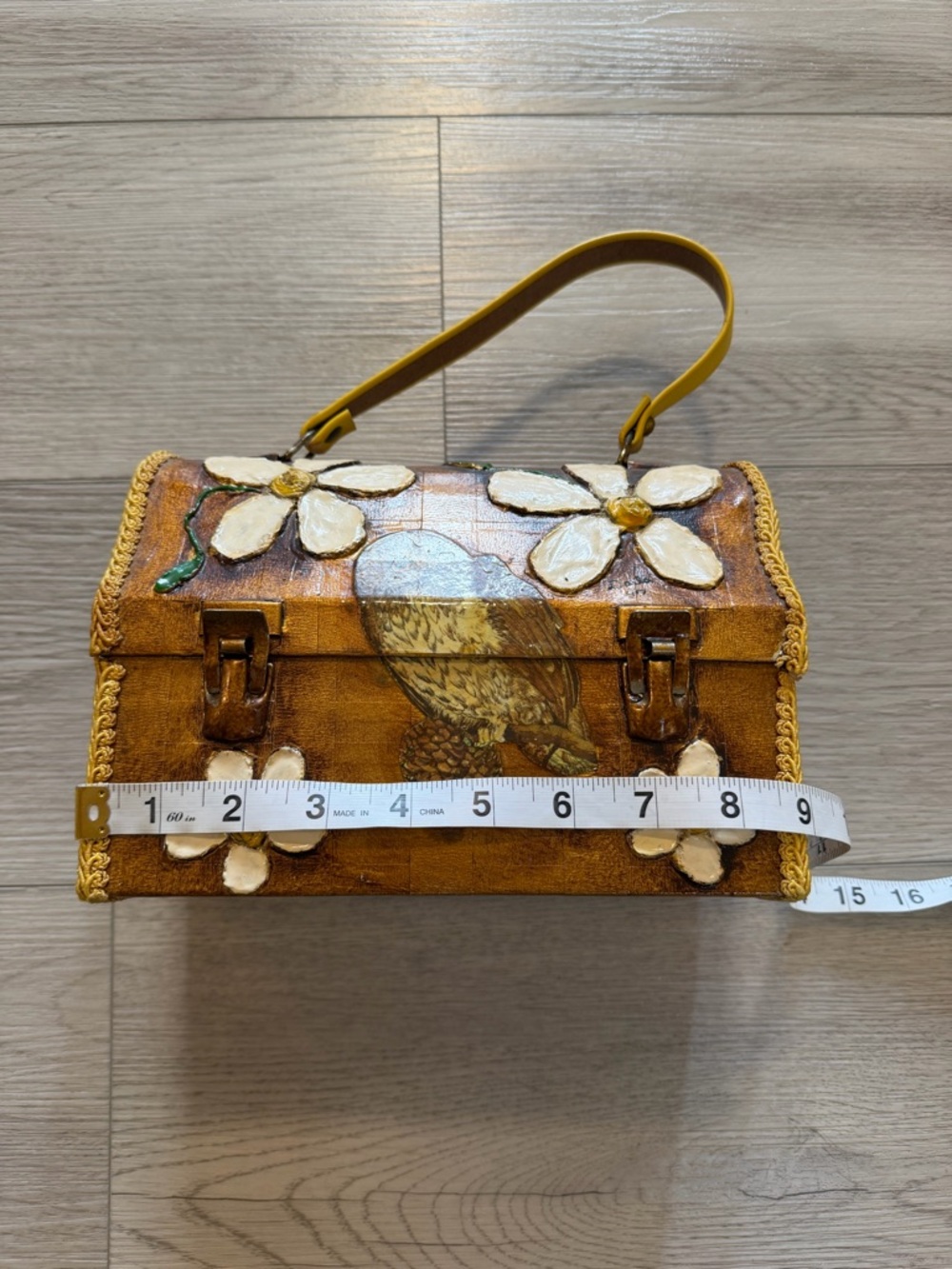 VTG Box Purse Metal Handbag Decoupaged Owl Hand Painted 3D Flowers Yellow Hippie - Picture 12 of 16